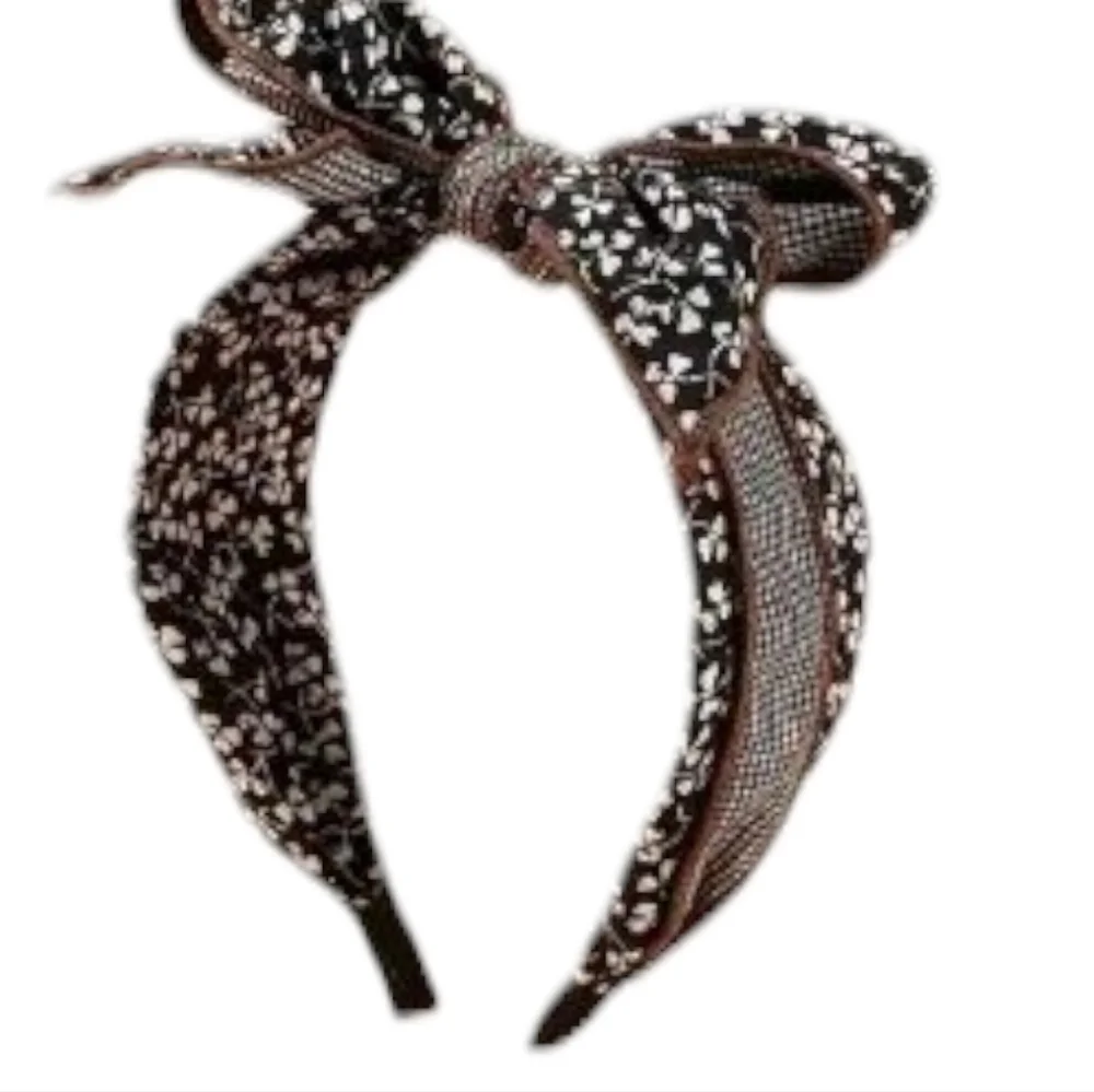 Wide Headband Floral Bow Black, Brown, and White with Checker Ribbon Accent